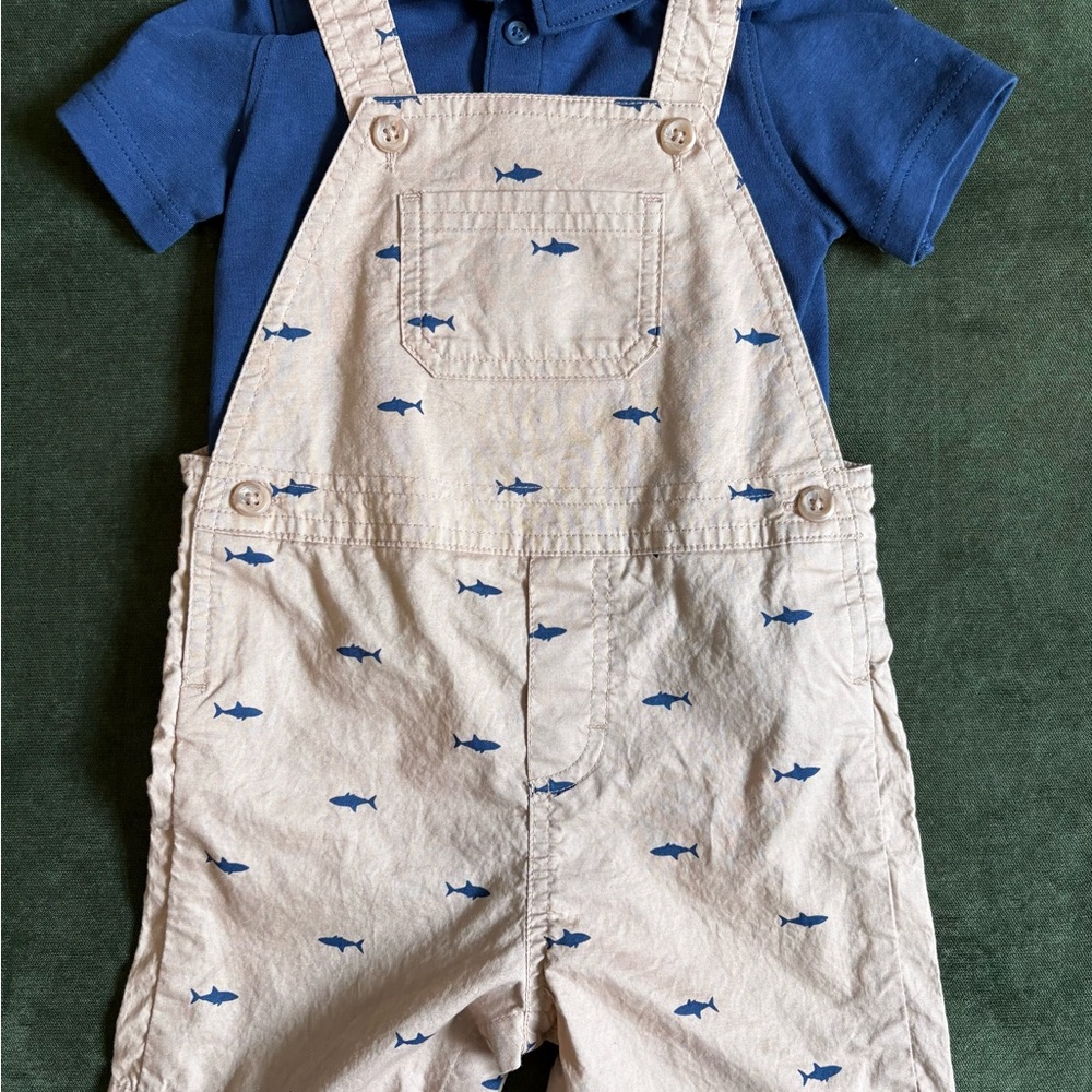 Carters Baby-Boy Beige Fish-Print Cotton Overalls for Kids - Navy Accent - 18m